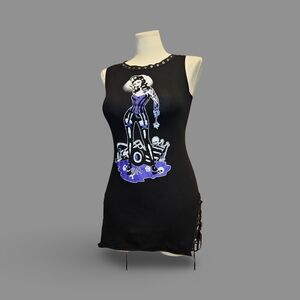 Too Fast Punk Tattoo Graphic w Lace-Up hips & back sleeveless Mini Dress L Black